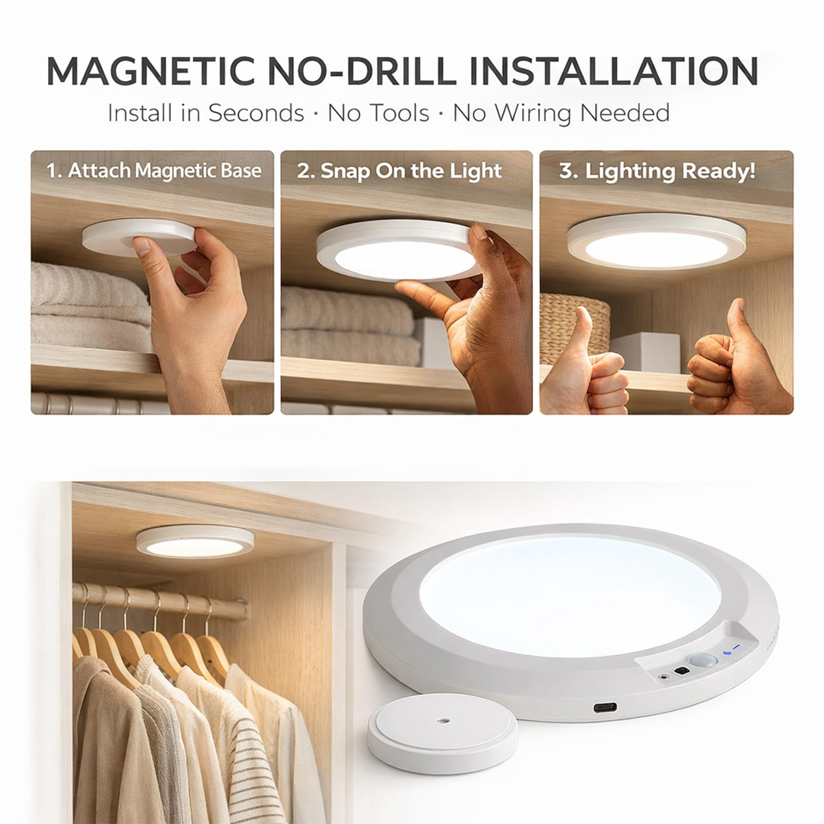Rechargeable Motion Sensor Ceiling Light with Remote, Wireless Magnetic Stick-on Closet Light, Dimmable with Timer & 3 Color Temperatures for Shower Hallway