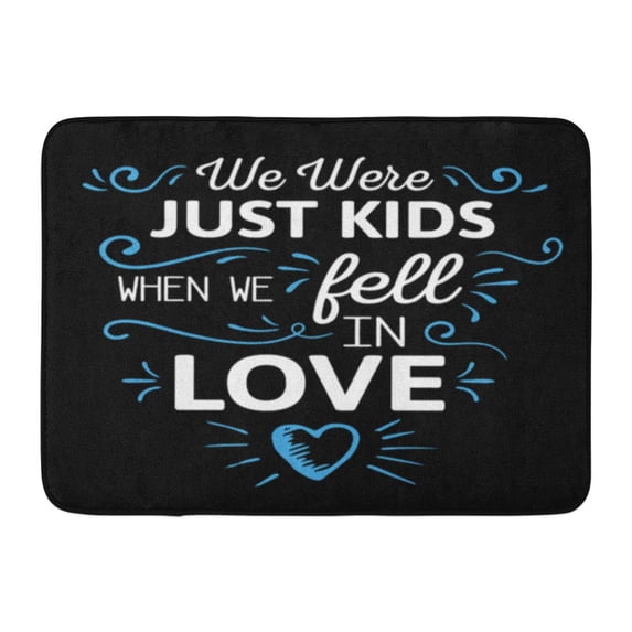LADDKE Adoration We were Just Kids When Fell in Love Emblem Blue Ornamental Accents and Heart on Black Doormat Floor Rug Bath Mat 23.6x15.7 inch