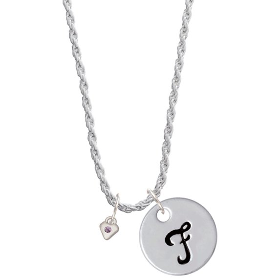 Delight Jewelry Silvertone Mini Light Purple Crystal Heart Silvertone Script Initial Disc - F - Charm Necklace, 20"+3"