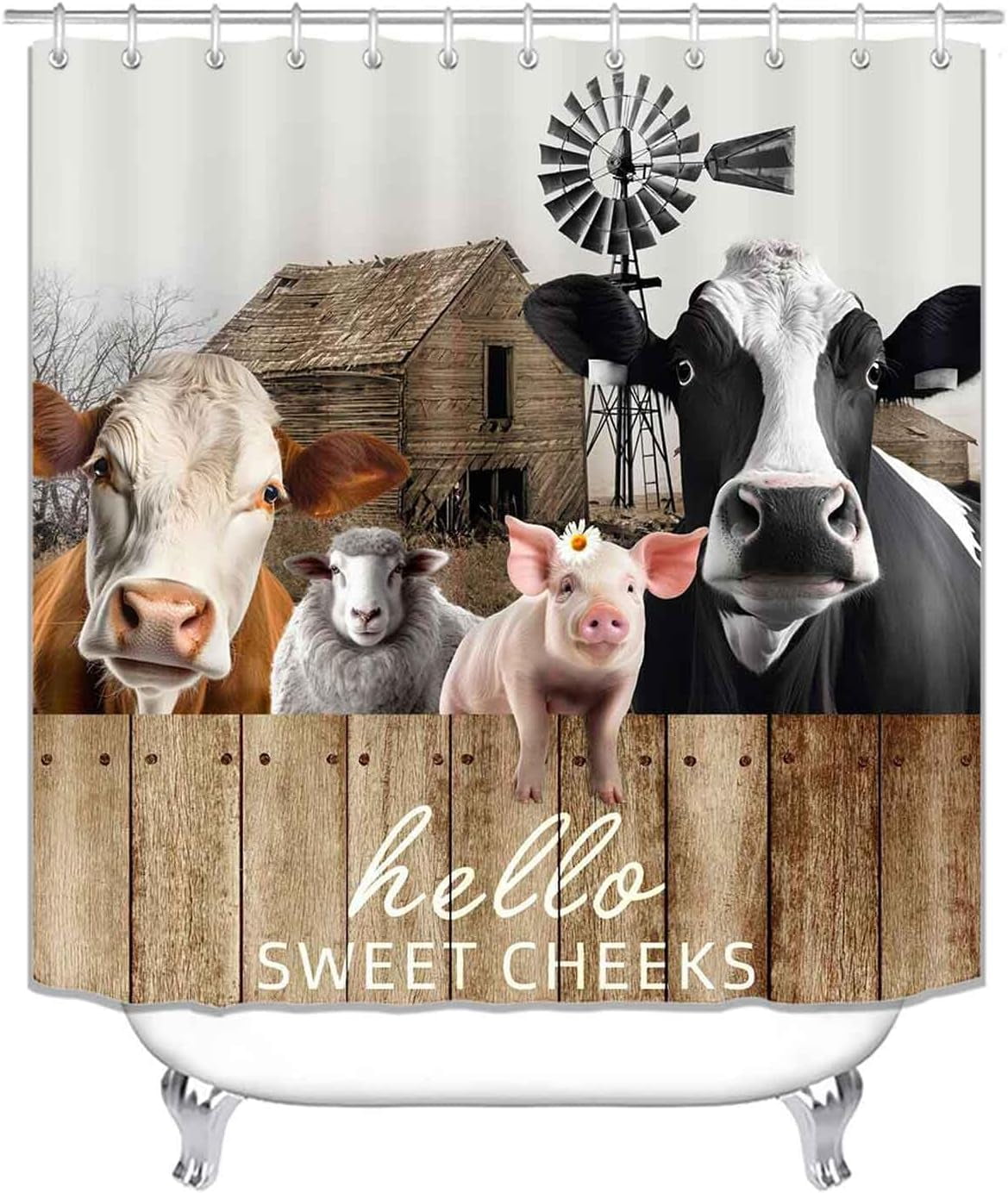 4PCS Funny Highland Cow Shower Curtain Set, Waterproof White Fabric Shower Curtain, Non-Slip Bath Mat Bathroom Rugs Sunflower Floral Farm Animal Western Country Rustic Farmhouse Bathroom Decor