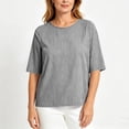 thumbnail image 6 of TGSLY Women's Stripes Linen Tops Lightweight Soft Crew Neck Elbow-Length Sleeve Blouses Relaxed Fit Dressy Casual Curved Hem Shirts XL, 6 of 9