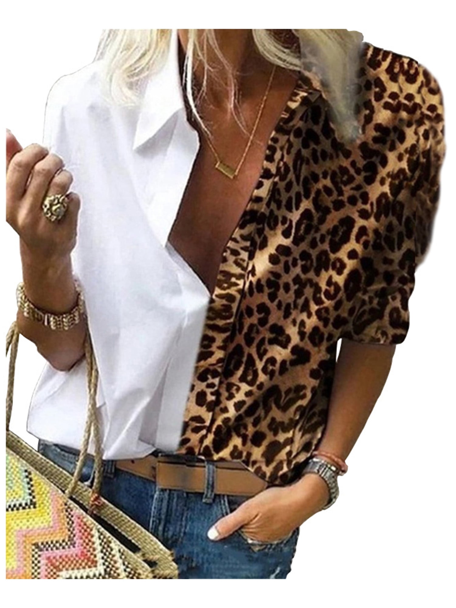 Women's Blouses Autumn Loose V Neck Collar Lapel Denim Tops Color Block Leopard Stitching Shirt Tunic 