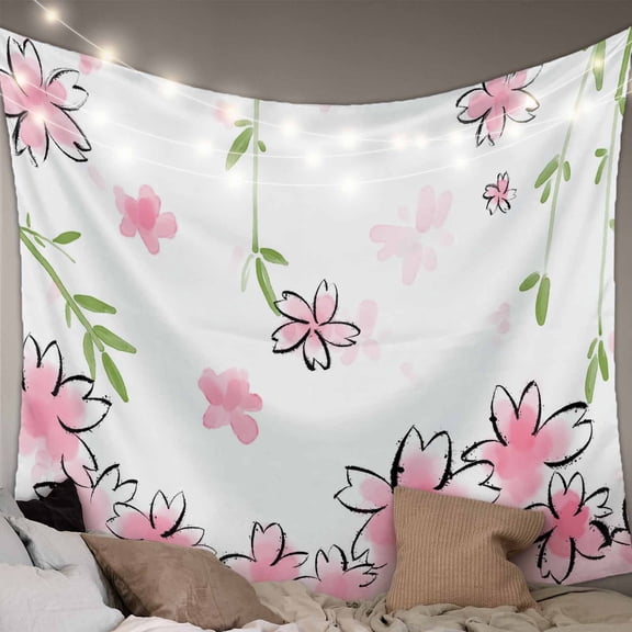 Pink Flowers Small Tapestry for Bedroom Wall Hanging Tapestry, Cartoon Botanical Floral Vines Leaves Ceiling Backdrop Tapestries Poster Blanket Wall Decor for Teens Room Living Room Dorm 23" x 28"