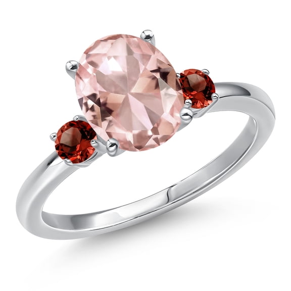 Gem Stone King 14K White Gold Peach Nano Morganite and Red Garnet Engagement Ring for Women | 2.62 Cttw | Oval 10X8MM | Gemstone October Birthstone | Size 5