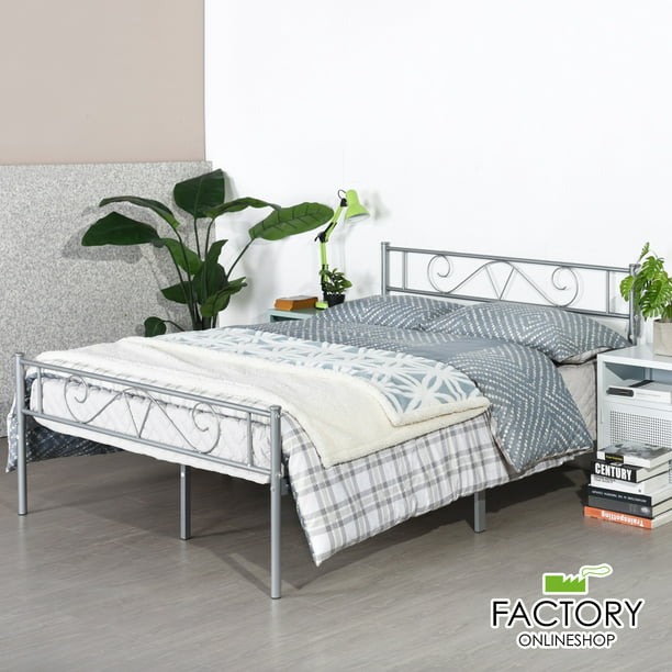 Geniqua Queen Size Bed Frame Silver, Queen Size Silver Bed Frame