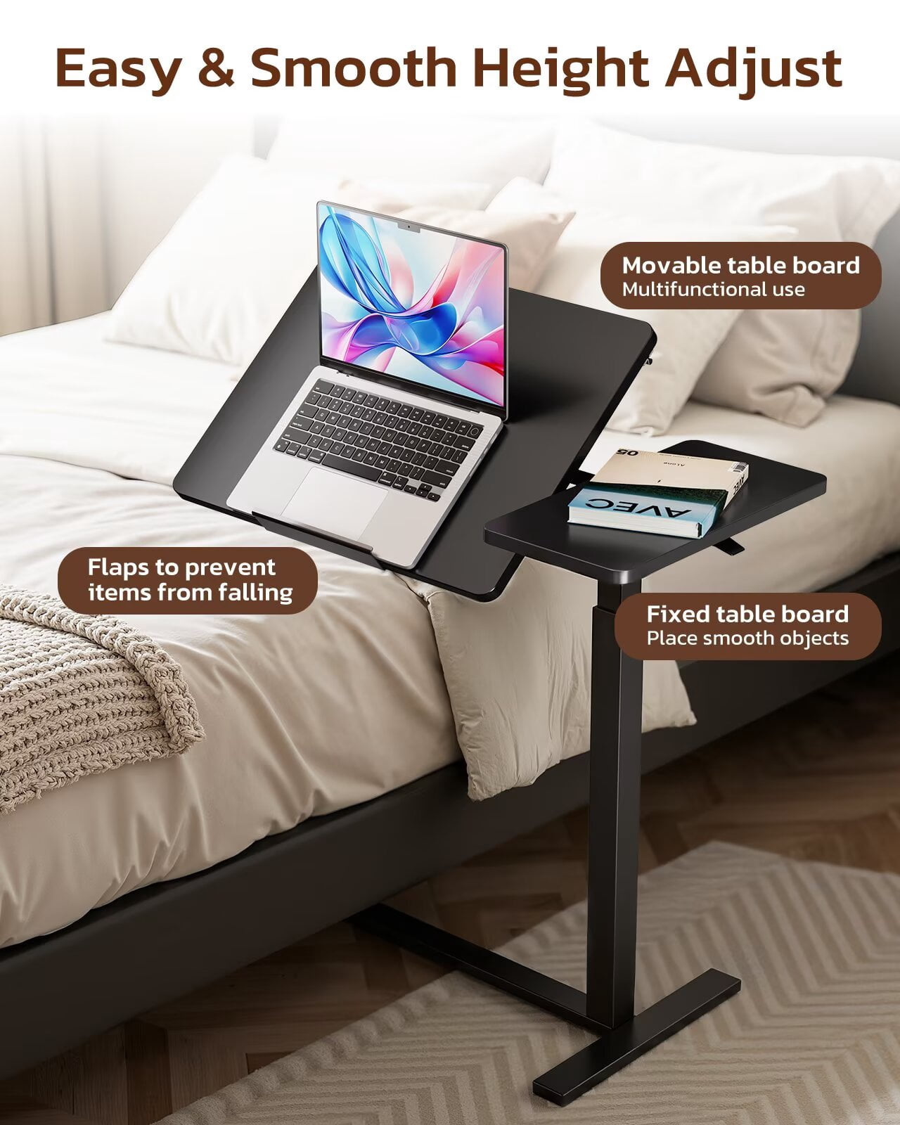 Simple Deluxe Standing Rolling Desk with Hidden Casters, Height Adjustable Pneumatic Mobile Laptop Desk, Tilting Bedside Table for Laptop, Overbed Bedside Table Hospital Home Use, Black