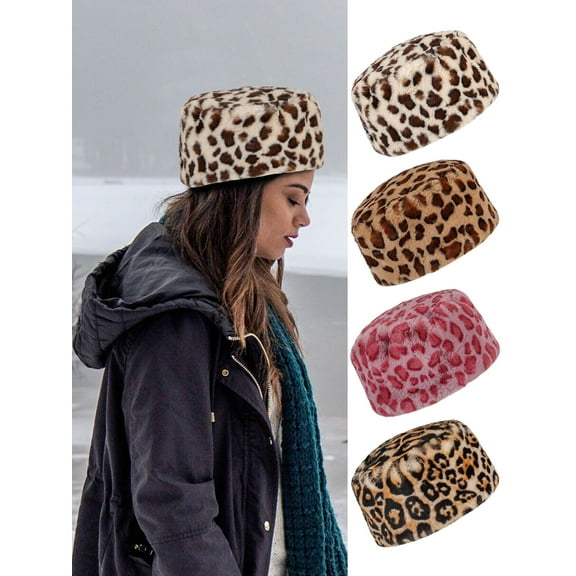Gustave Leopard Print Faux Fur Hats for Women Cossack Russian Style Warm Hat Winter Fluffy Hat Thick Ski Beanie Cap "Light Brown"