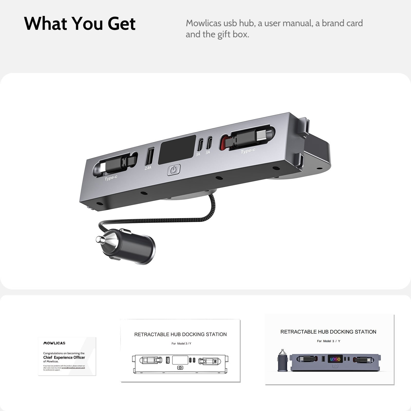 Mowlicas Max 132W Dual Type-C USB Hub, Tesla New Model Y Juniper (2026/2025) Accessories, 5 in 1 Fast Charger for iPhone 16/15 Series, 2-Retractable Cable & 3-Port Docking Station
