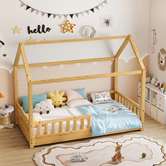 VanAcc Twin Size House Bed, Montessori Wooden Floor Bed Frame with Guardrails, Playhouse Roof, Easy Assembly, Natural Wood