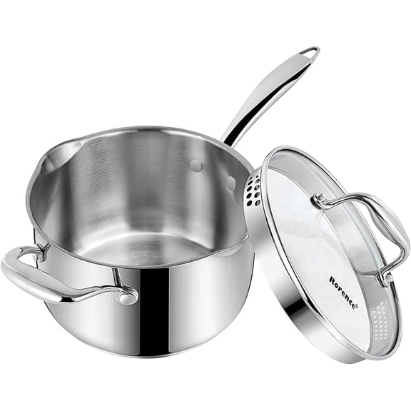 Rorence 3.7 Quart Stainless Steel Sauce Pan with Pour Spouts and Tempered Glass Lid, Saucepan with Strainer and Handles