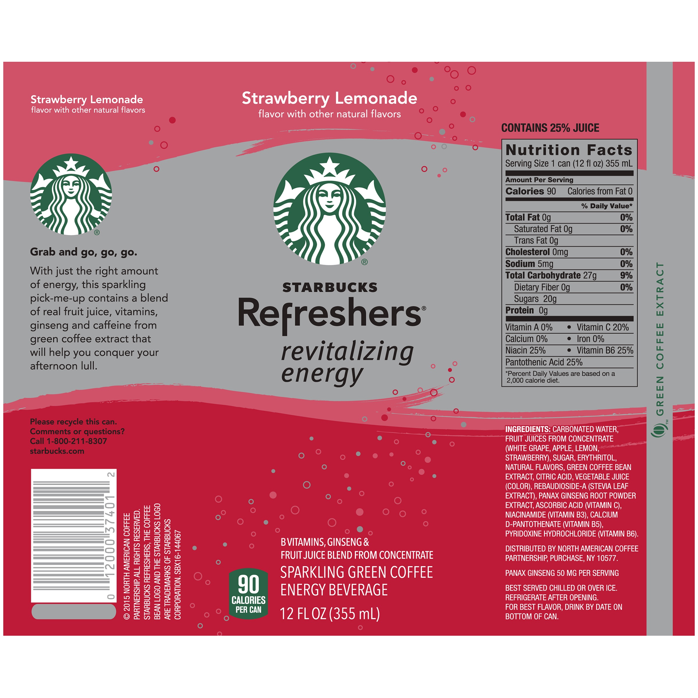 Starbucks Refreshers Strawberry Lemonade Sparkling Green Coffee Energy Beverage, 12 Fl. Oz. - image 3 of 4