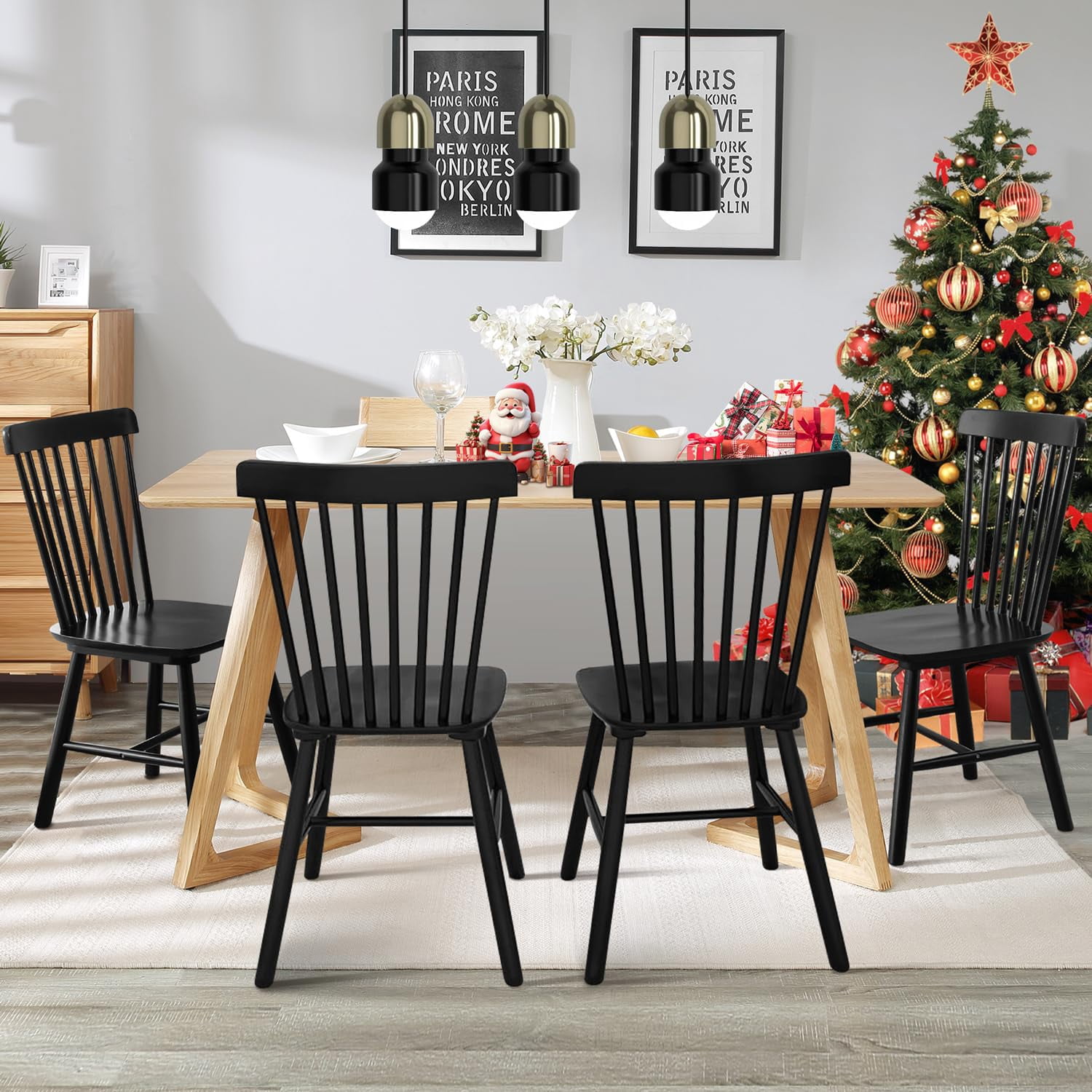 ClinQ Wooden Windsor Dining Chair Set of 2, Spindle Back, Armless, Farmhouse Kitchen and Dining Room Seating, Black