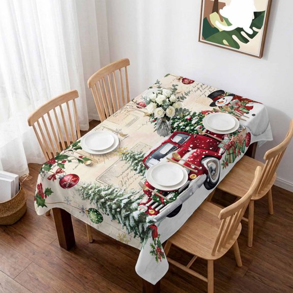 Christmas Table Cloth Waterproof Tablecloths, Xmas Snowman Truck Snowflake Tree Balls Vintage Tablecloth Dining Table Cover for Kitchen Party Tabletop Outdoor, Rectangle Tablecloth 52x70 Inch