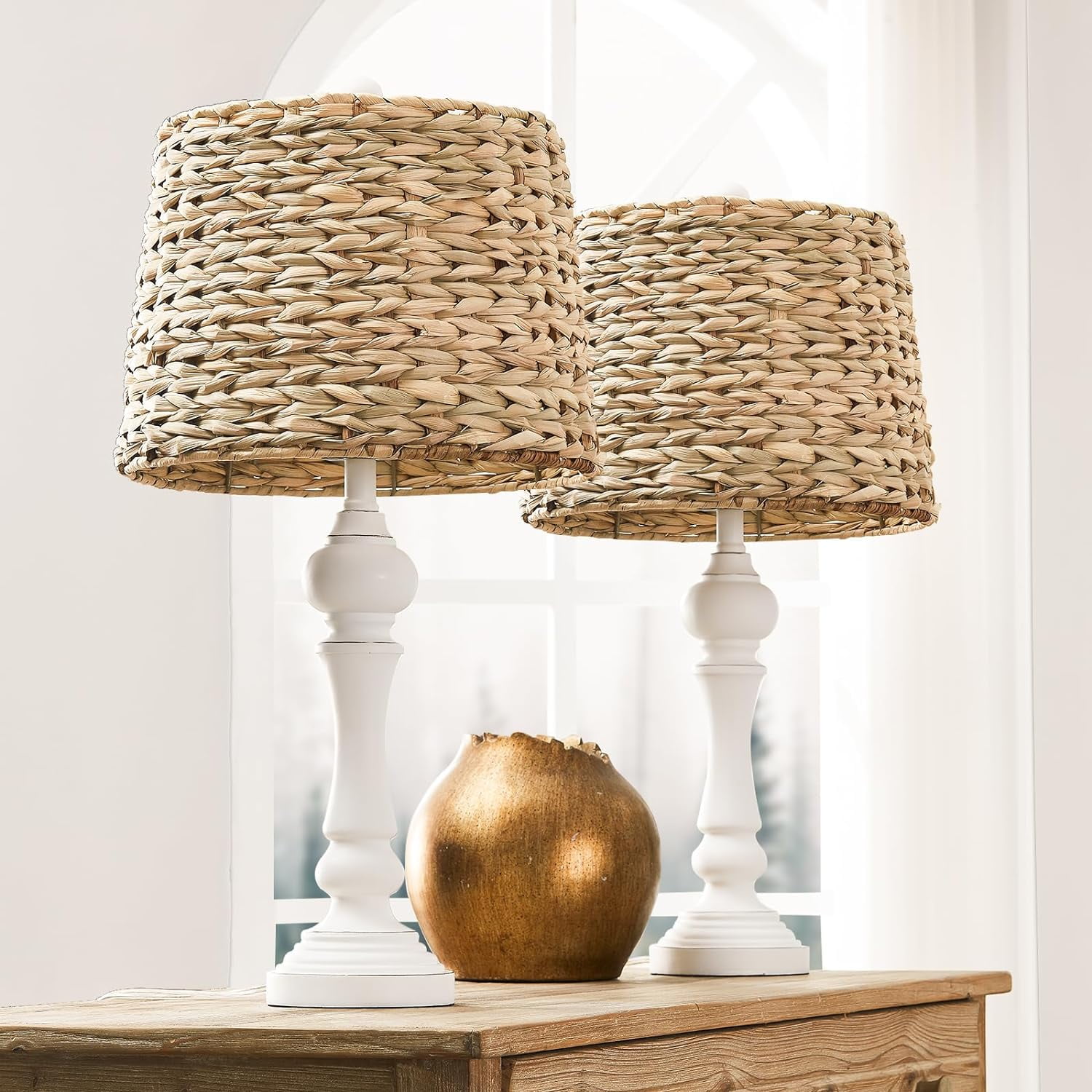 "Maxax 26"" Coastal Rattan Table Lamps, Set of 2 with Handwoven Seagrass Shade for Living Room or Bedroom"