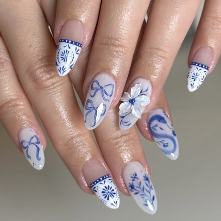 Chinese style blue and white French manicure fake nail bow flower almond nail snake pattern fashion foreign trade nail wholesale
