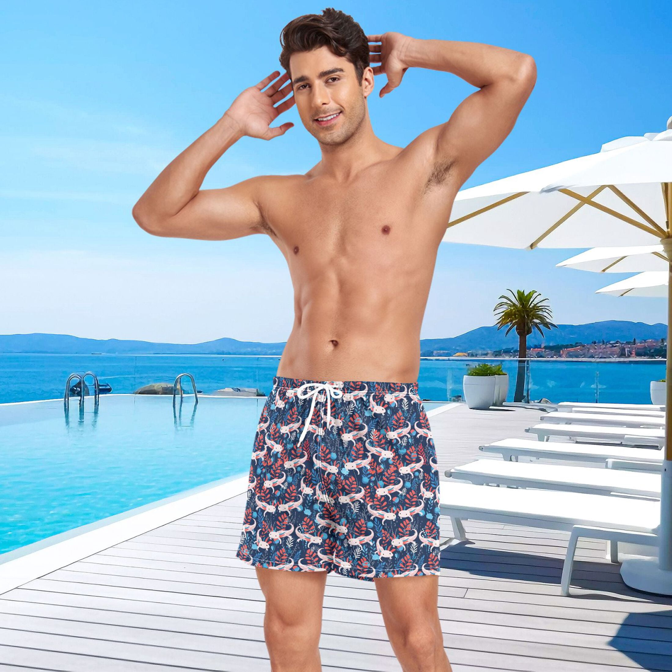 joogoo Men's Axolotl Cartoon Swim Trunks with Liner Pocket Beach Shorts XXL