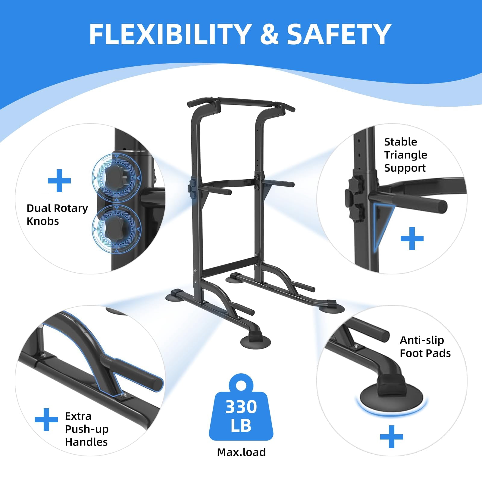 JaxShark Adjustable 82.6"H Power Tower Pull Up Dip Station Multi-Function Home Gym Strength Training,Black