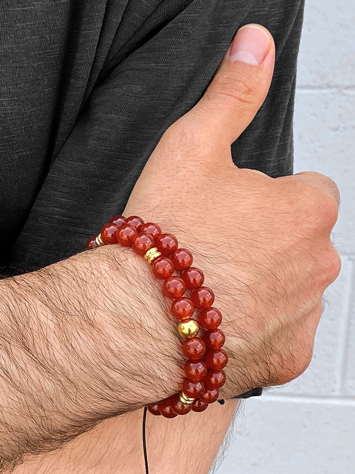 Coastal Jewelry Men's Red Agate Stone and Gold Plated Stainless Steel Beaded Adjustable Bracelet (8mm)