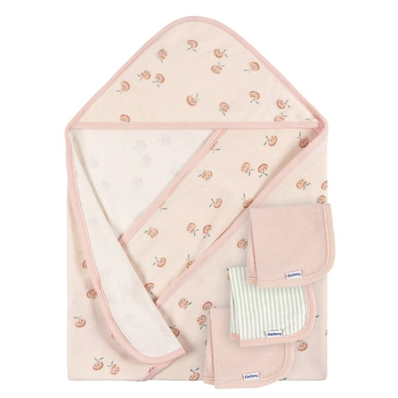 Gerber Baby Girl Terry Hooded Towel and Washcloth Set, 4-piece, One Size