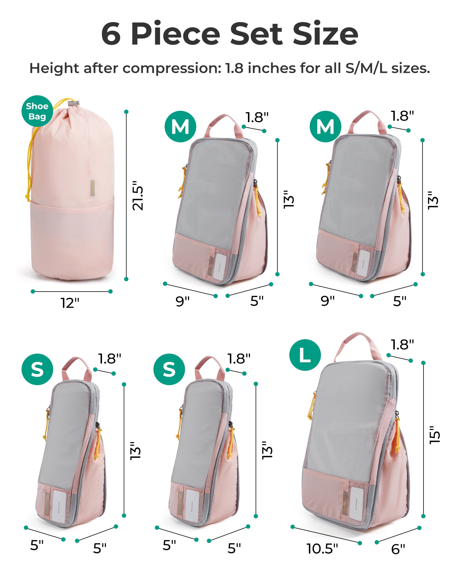 BAGSMART Compression Packing Cubes for Travel Luggage, 6 Pcs Expandable Packing Organizers Foldable Lightweight Suitcase Storage Bags for Travel Accessories, Women Men, Baby Pink