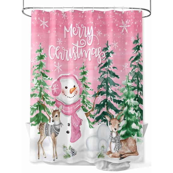 Merry Christmas Shower Curtain Set ,Waterproof Fabric Shower Curtains Pink Snowman Christmas Tree Deer Snowflake Shower Curtains for Bathroom,Bathroom Decor 36"x78"