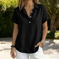 thumbnail image 2 of hoksml Women's Cotton Linen Collared Shirt, Short Sleeve Pull-On Button-Down Blouse, Loose Fit Casual Daily Office Wear Top, 2 of 7