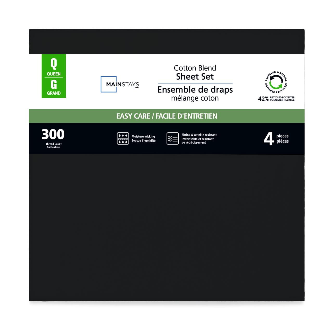 Parure de lit 4 pièces Mainstays en mélange de coton 300 nombre de fils noir et CVC, Queen (adulte) Ensemble de draps grand lit
