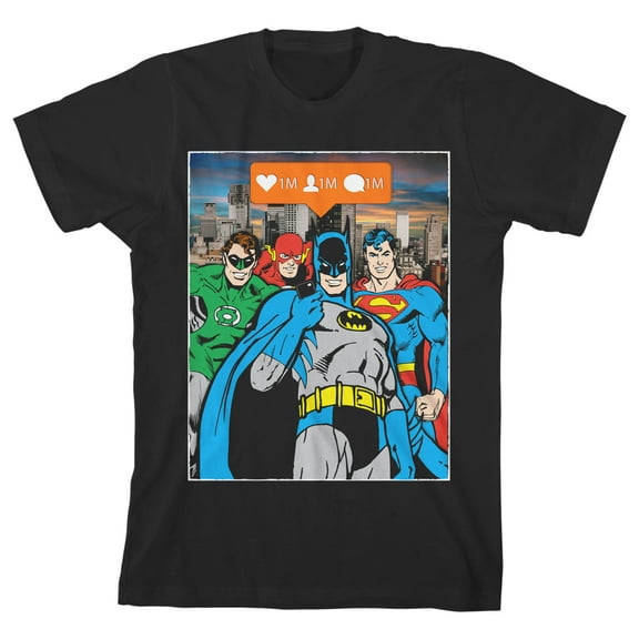 Justice League Instagram Pose Boy's Black T-shirt-M