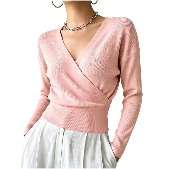 gbyLJF Women's Wrap Cross V Neck Tops Slim Fit Long Sleeve Sweater Lightweight Soft Knitted Blouse