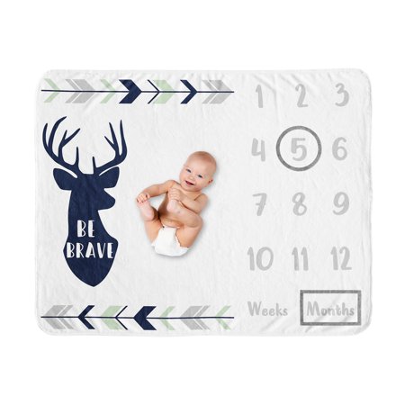 UPC: 0846480083795 | Sweet Jojo Designs Woodland Deer Boy Milestone Blanket Monthly Newborn First Year Growth Mat Baby Shower Memory Keepsake Gift Picture – Navy Blue  Mint and Grey Woodsy Forest Arrow Be Brave