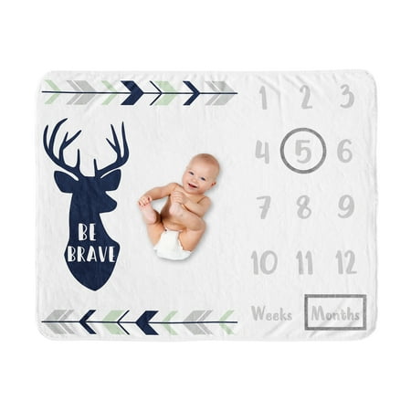 UPC: 0846480083795 | Sweet Jojo Designs Woodland Deer Boy Milestone Blanket Monthly Newborn First Year Growth Mat Baby Shower Memory Keepsake Gift Picture – Navy Blue Mint and Grey Woodsy Forest Arrow Be Brave