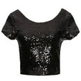 thumbnail image 4 of DuoJiaJ Fashion Women Sexy O-Neck Solid Sequins Short Sleeve Short Navel Top Blouse Tee Womenâs -Free Button-Down Shirts Black, 4 of 5
