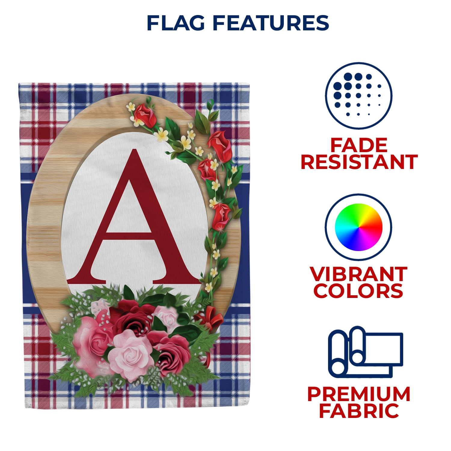 America Forever Monogram A House Flag, 28 x 40 inch Double Sided, Letter A with Roses, Floral Initial Flag, Plaid Background, Personalized Yard Decor