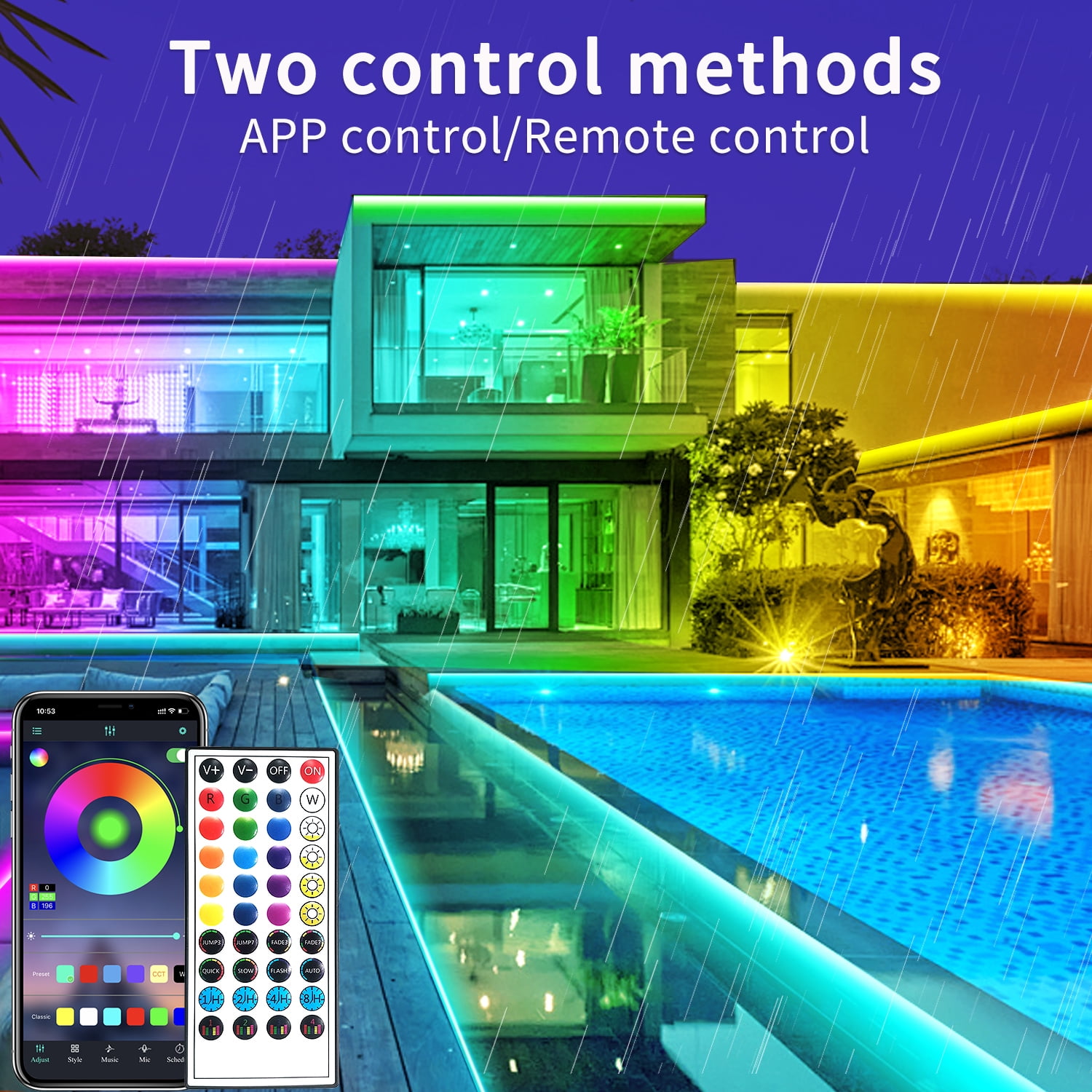 50Ft Outdoor Waterproof LED Strip Lights,Music Sync RGB IP68 Led Lights with App and Remote Control,Color Changing Waterproof RGB Exterior Rope Self Adhesive Back,Balcony,Roof,Garden,Party