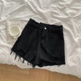 thumbnail image 4 of Women Summer High Waist A-Line Denim Shorts Korean Style Vintage Ripped Holes Frayed for Raw Hem Wide Leg Short Jeans Pants with Pockets dark grey, 4 of 4