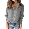 thumbnail image 2 of WUANDIXFA Ladies Pullover Sweaters Women Solid Color V Neck Lace Stitching Buttons Long Sleeves Sweater Grey,M, 2 of 5