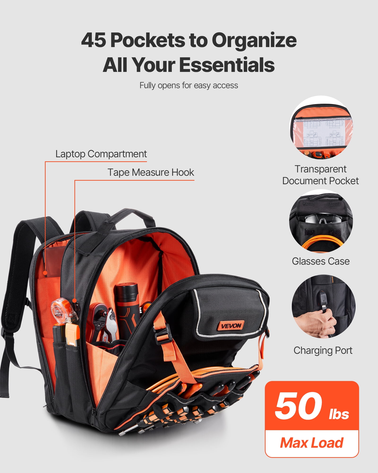 VEVOR Tool Backpack, 45 Pockets, Heavy-duty Tools Storage Organizer Work Bags with Laptop Compartment & Reinforced Fabric Basee, Electrician Jobsite Backpack for Electrician, Repairman
