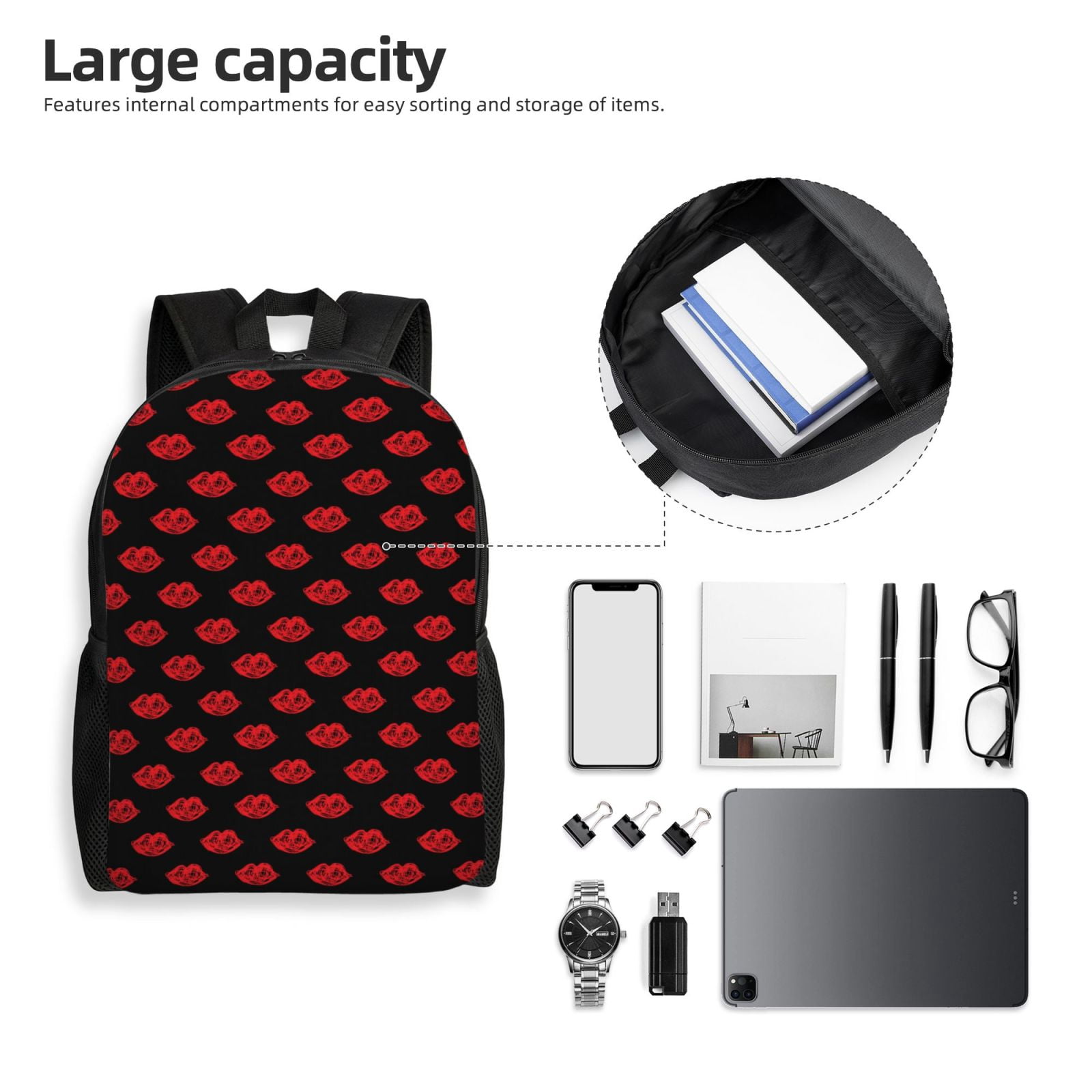 Xecao Red Beautiful Lips Print School Backpack with Laptop Compartment Small Travel Laptop Backpack for Women Men Waterproof College Backpack Simple School Bag
