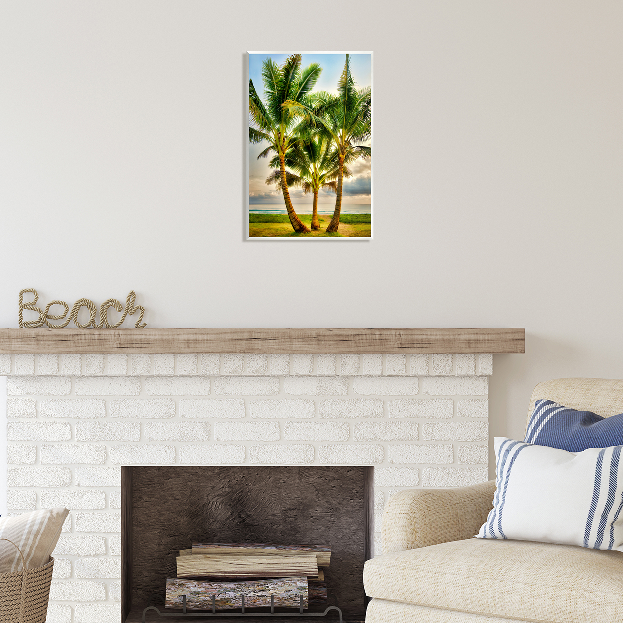 Stupell Industries Three Palm Trees on Beach Nature Painting Unframed Art Print Wall Art, 13 x 19