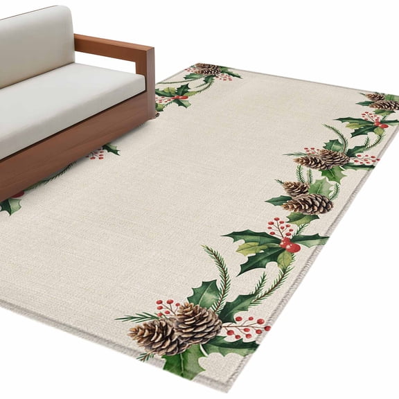Vintage Pine Cone Area Rug 2.7x5ft Green Leaf Winter Plant Christmas Pastoral Non-Slip Washable Square Rugs Soft Felt Indoor Floor Mat for Bedroom Kitchen Living Room Bathroom