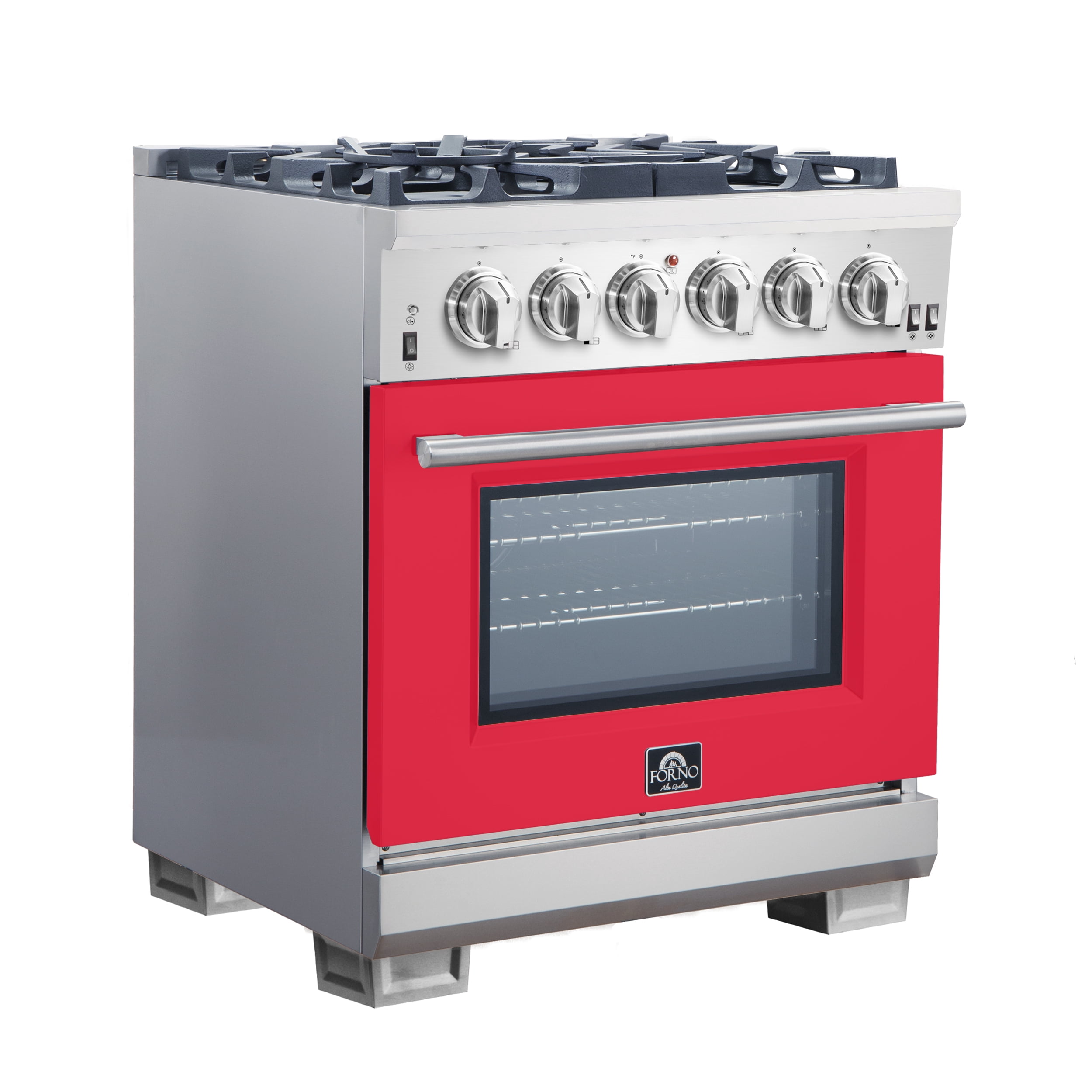 Forno Capriasca 30-Inch Freestanding Gas Range, 4 Burners, True Convection Oven, Red Door