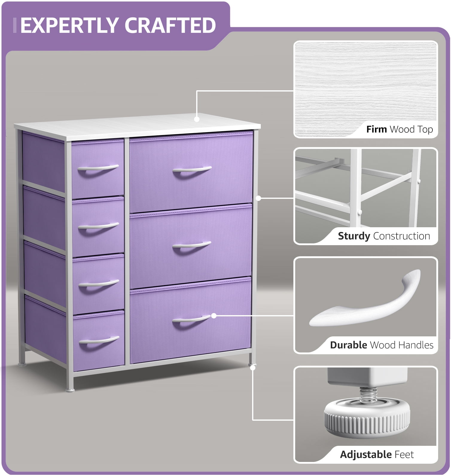 Sorbus 7 Drawer Dresser Storage Chest for Kids Bedroom with Fabric Bins Purple