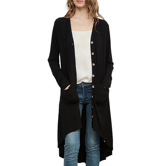 Women's Long Sleeve Button Down Knit Ribbed Sweater Duster Cardigan with Pockets