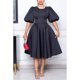 thumbnail image 4 of Vestido informal negro de talla grande para mujer, cuello redondo, manga abullonada, línea A, cuello redondo, corte ajustado, Midi, vestido Formal, 4 of 6