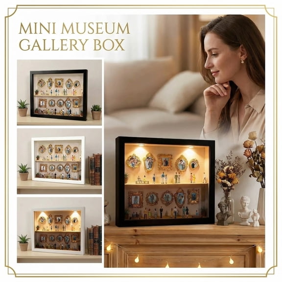12.4in Wooden Mini Museum Shadow Box Photo Display Frame Decor, Gallery Style Shadow Box with 10 Mini Frames and 16 Figurines for Shelf Wall Display