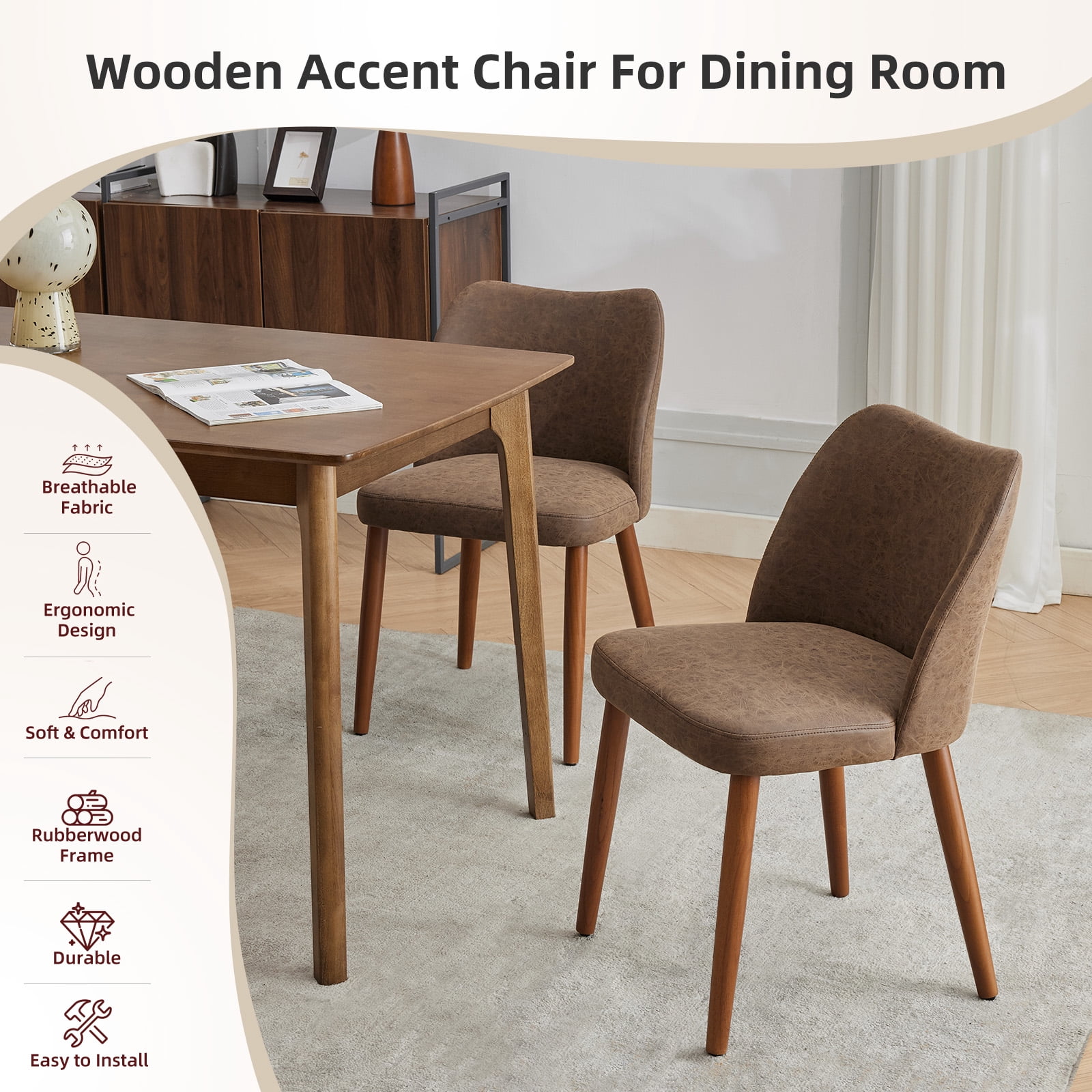 COZONY Dining Chair Set of 2, Upholstered PU Leather Dining Chairs with Wood Legs & Wing Backrest, for Dining Room or Living Room, Coffee Color