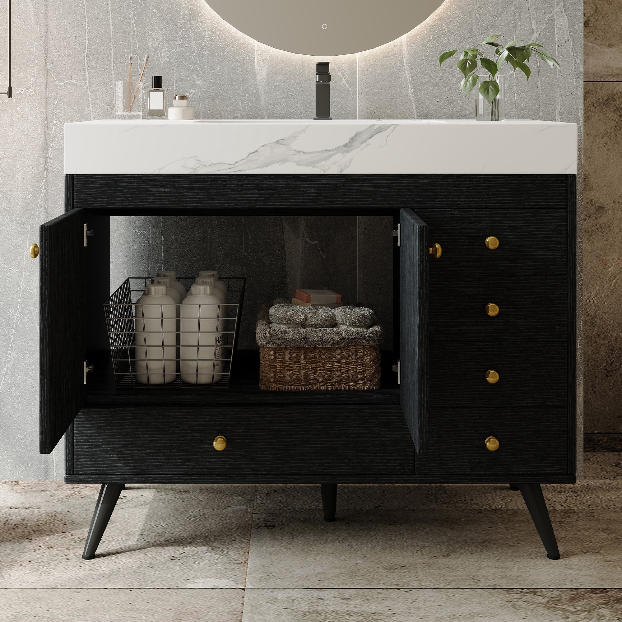 FFZ 36 inch Freestanding Bathroom Vanity Faux Marble Top Ceramic Sink 5 Drawers Stainless Steel Legs