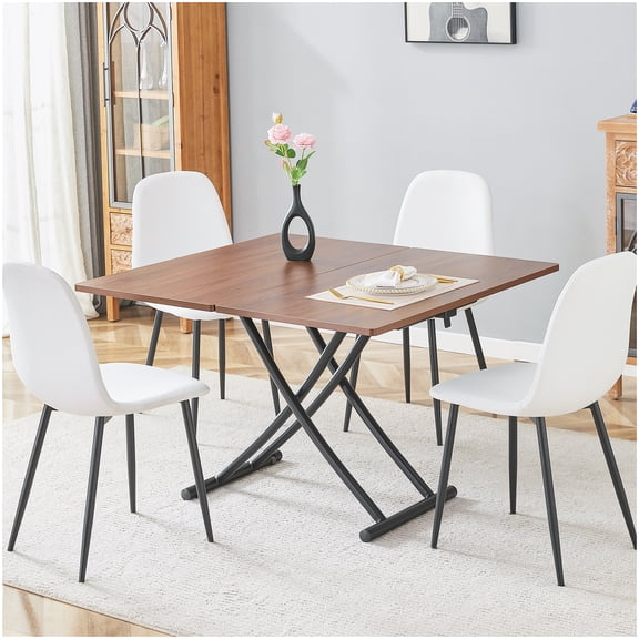 Lift-Top Convertible Table and 4 Chair Set, Walnut Desktop Adjusts to Coffee Table Height, White Linen Upholstery, Black Iron Legs, 5-Piece Dining Set