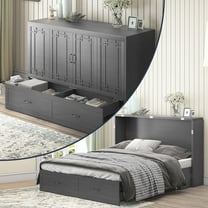 ijuicy Murphy Bed Cabinet with Charging Station, Solid Wood Cabinet Bed Queen Size with Mattress, Murphy Cube Chest Bed for Guest Room/Office/Apartment-Grey