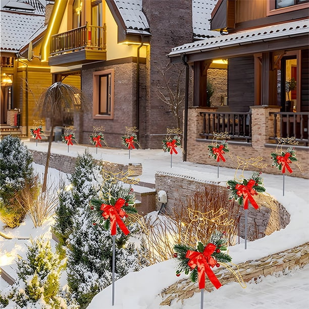 Estatua de reno navideño de metal | Adorno navideño para jardín | Decoración de invierno para patio | Estaca decorativa para el suelo con detalles festivos